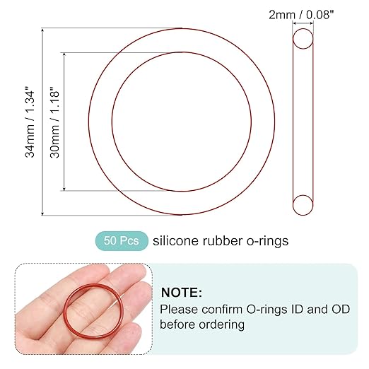 MECCANIXITY Silicone O-Ring 30mm ID 34mm OD 2mm Width Metric VMQ Sealing Gasket Replacement 50A Durometer for Plumbing Compressor Faucets Valves Repair (Red, Pack of 50)