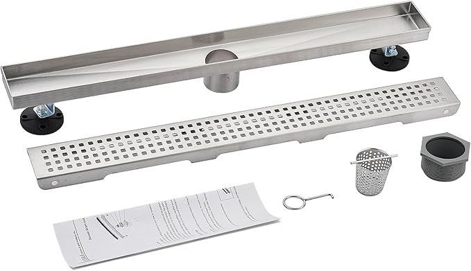 Linear Shower Floor Drain, Brushed Nickel 36 Inch 304 Stainless Steel Bathroom Drains Kit, Long Rectangular Shower Trench Drain with Square Pattern Drain Cover & Hair Catcher