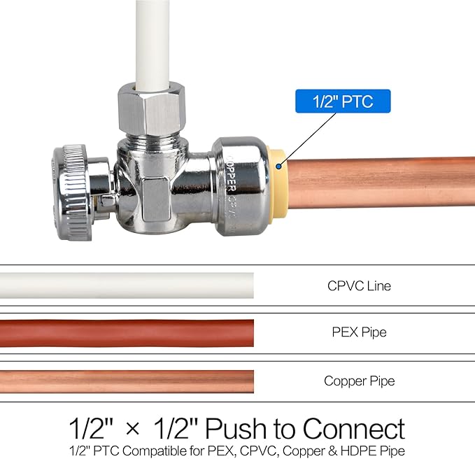 5pcs Stop Valves, 1/2" × 3/8" Angle Stop Valve, 1/2" PTC Input, 3/8" OD Compression Output, Push to Connect, 1/4 Turn, Chrome Plated Brass for Faucet, Toilet Valves, No Lead