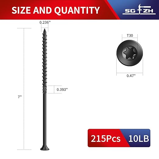 #14 x 7 Inch Deck Screws (215Pcs) 10lb. Carbon Steel, Black, Flat Head, Rust Resistant epoxy Coated, with T30 Star Bit
