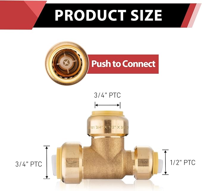 EFIELD Push-Fit Fitting 3/4" X1/2" X 3/4" Tee to Connect Pex, Copper, CPVC Pipe with Two Size Disconnect Tool Clips,(PF128)