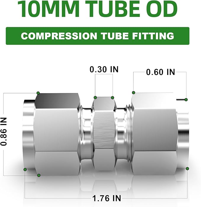 TAISHER 5PCS 304 Stainless Steel Compression Tube Pipe Fitting Connector, 10MM Tube OD x 10MM Tube OD Straight Adapter