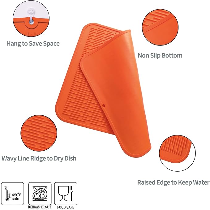 Silicone Dish Drying Mat for Multiple Usage,Easy clean,Eco-friendly,Heat-resistant Silicone Mat for Kitchen Counter or Sink,Refrigerator or Drawer Liner Orange 2XL 24 inches x 18 inches