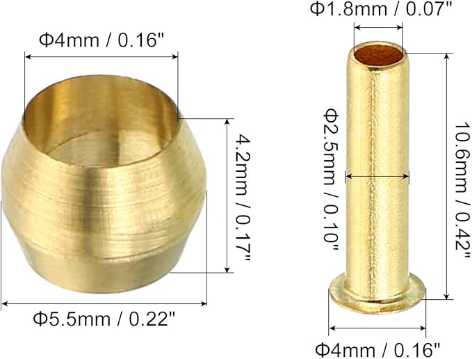 Patikil 4mm Tube OD Brass Compression Sleeves and Ferrules, 20 Pack Brass Compression Insert Fitting Assortment Kit for Air, Water, Gas Pipe