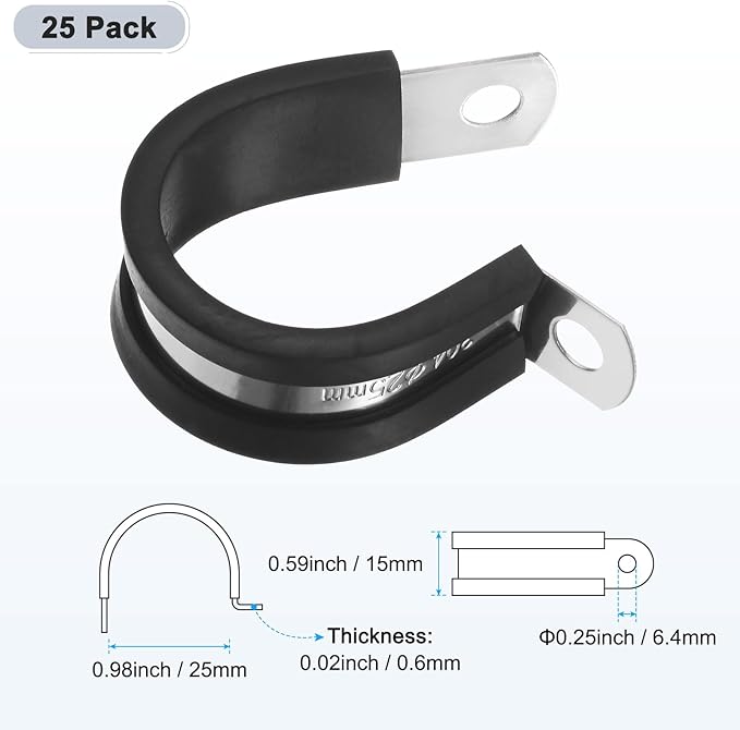25-Pack Cable Clamps, 1 inch/ 25 mm 304 Stainless Steel Rubber Cushioned Insulated Cable Clamp R Shape Metal Holder for Tube/Wire/Pipe/Loop Installation