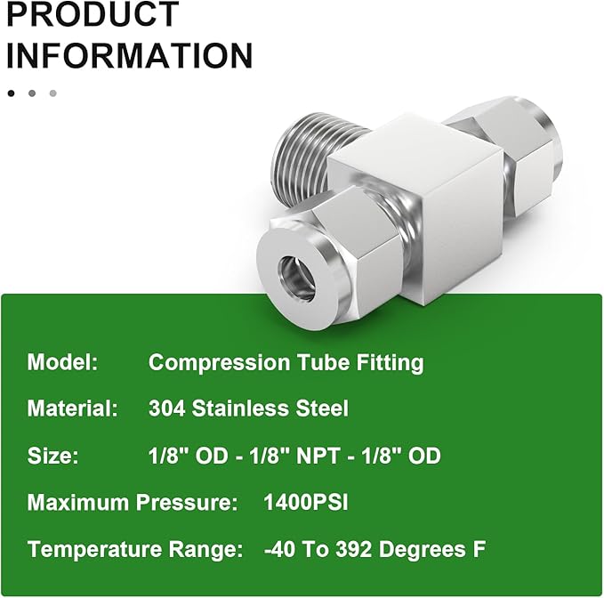 TAISHER 1PCS 304 Stainless Steel Compression Tube Pipe Fitting Connector, 1/8" Tube OD x 1/8" NPT Male x 1/8" Tube OD Tee Adapter