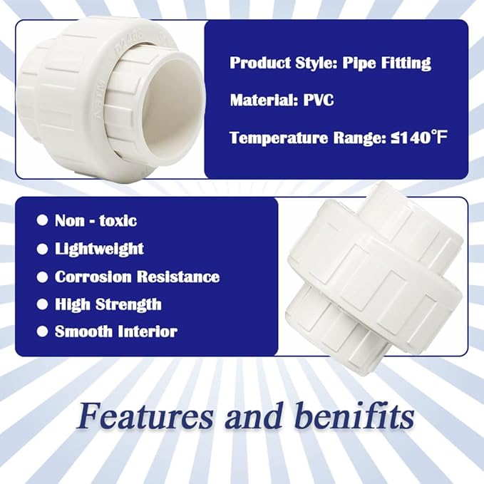 4PCS 3/4 Inch White PVC Union Coupling Pipe Fitting Slip to Slip 0.75" PVC Adapter Coupling SCH40, EPDM O-Ring HE065-3/4