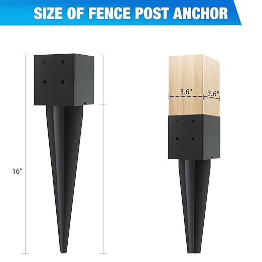3 Pcs 4"x4" Fence Post Anchor Ground Spike 16"(Actual 3.6"x3.6") Heavy Duty Metal Fence Post Anchor with Black Powder-Coated for Deck,Fence,Porch,Railing,Mailbox