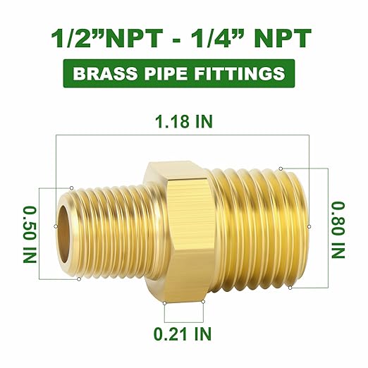 TAISHER 5PCS Brass Pipe Fitting, Reducer Adapter, Hex Nipple, 1/2-Inch Male Pipe x 1/4-Inch Male Pipe