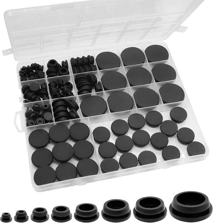 125Pcs Black Rubber Plug Box, Various Sizes of Round Hole Silicone Tool, Rubber Plugs for Round Holes, Silicone Plugs Suitable for Car Wiring Furniture