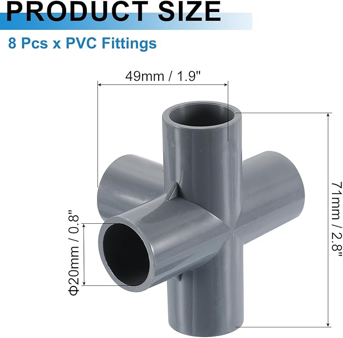 uxcell 1/2" PVC Fittings, 6 Pcs 5 Way Elbow Connector Elbow PVC Furniture Fittings Corner Fitting for Water Supplies PVC Furniture DIY Shelf Greenhouse Tent Connection, Grey