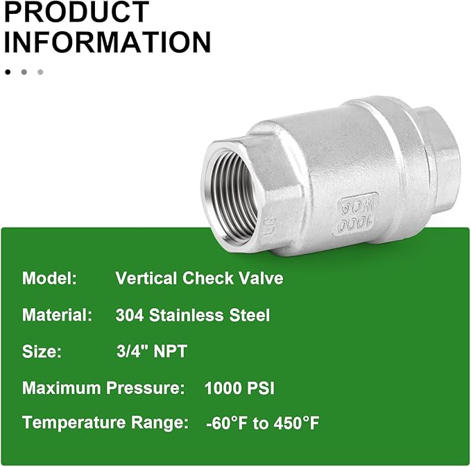 TAISHER 2PCS 304 Stainless Steel 3/4" NPT Female Vertical Check Valve，Backflow Prevention, One Way Spring Check Valves CF8 WOG 1000