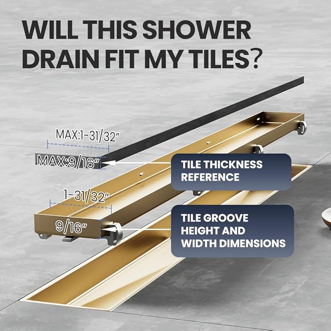 Linear Shower Drain 54 Inch Gold, Brushed AISI 304 Stainless Steel Shower Drain with 2-in-1 Tile Insert Panel, for Bathroom, Kitchen, Garage & More