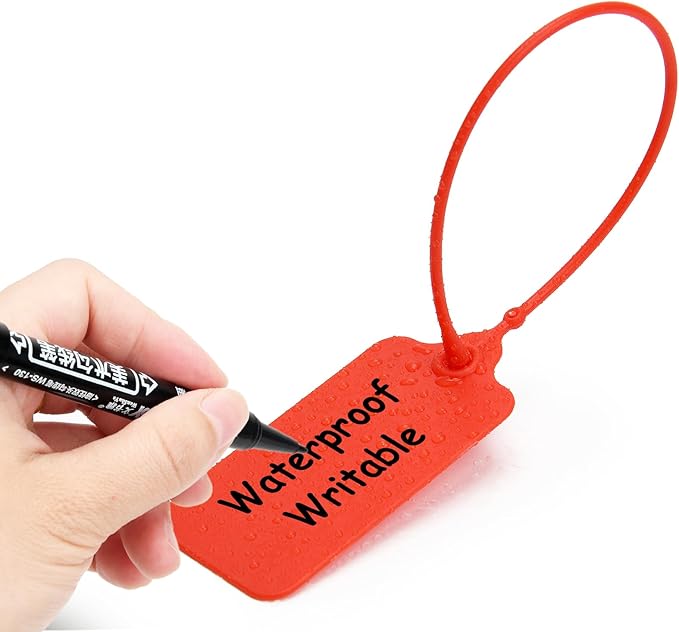 100 Red Blank Plastic Tags for Labeling Waterproof Hanging Labels Writable Tags Seal Plastic Marking Label for Clothes Bags Keys Inventory with One Marker Pen