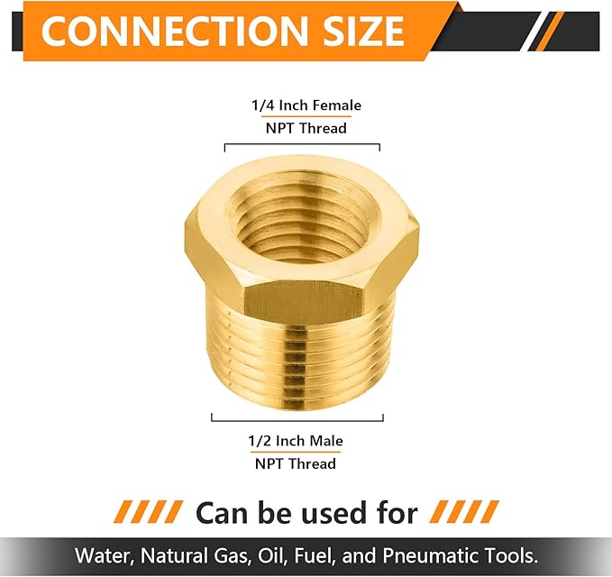 50-PCs HeSun Brass Thread Pipe Fitting, 1/2" NPT Male x 1/4" NPT Female Reducer Hex Bushing Adapter(NPT029-50)