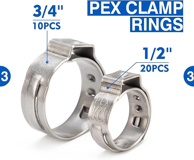 iCrimp PEX Clamp Tool Kit for 3/8-in, 1/2-in, 3/4-in, 1-in PEX Clamp Cinch & Removal, c/w 1/2''(20 Pack) and 3/4''(10 Pack) PEX Clamp Rings, PEX Tubing Cutter