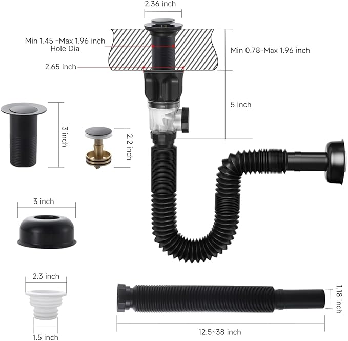 Flexible P-Trap Sink Drain Pipe, Bathroom Sink Drain Kits with Strainer Basket Hair Catcher and pop-up Stopper, Fits 1-1/4",1-1/2"and 2" Drain Hole,Matte Black