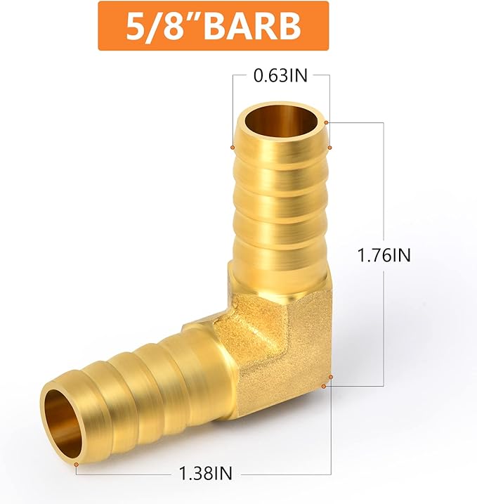 GASHER 5 Pieces Brass Hose Barb Reducer, 5/8 Inch to 5/8 Inch Barb Hose ID 90 Degree L Right Angle Elbow with 10 Hose Clamps, Brass Barb Reducer SPLICER Fitting Fuel/AIR/Water/Oil/Gas/WOG