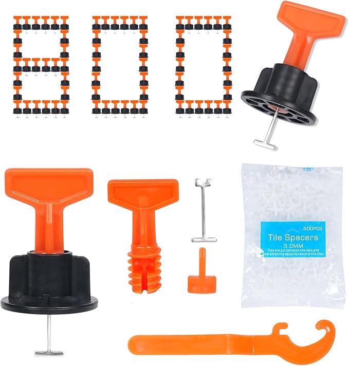Reusable 1/16" Tile Leveling System Kit (800pcs) w/ 4000 1/8" Cross Spacers + 16 Wrenches & 100 Steel Pins - Professional Floor Installation Tools(800, 1/8)