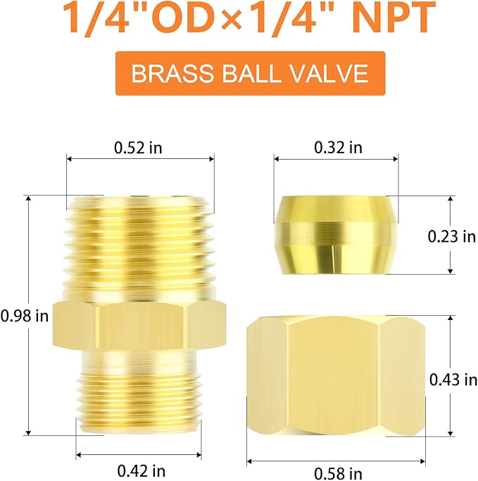 GASHER 10PCS Brass Compression Tube Pipe Fitting Connector, 1/4" Tube OD x 1/4" NPT Male Connector