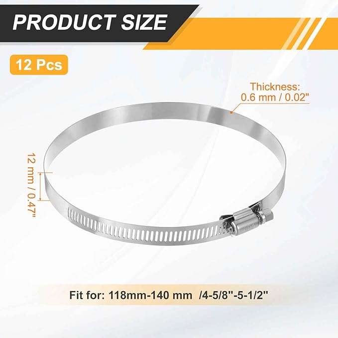 HARFINGTON 12 Pcs Hose Clamp 4-5/8"-5-1/2" (118-140mm) 304 Stainless Steel Adjustable Worm Gear Hose Clamp with Phillips Screw Assortment Kit for Fuel Line Pipe Plumbing Automotive Tube