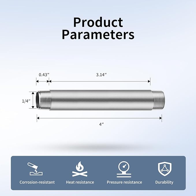 1/4"x4" 304 Stainless Steel Pipe, 1/4" NPT x 1/4" NPT Male Threaded Nipple, SCH40 Heavy Duty Pre-Cut Steel Pipe for Plumbing Gas, Hydraulic, and Industrial Applications(4",4 Piece)
