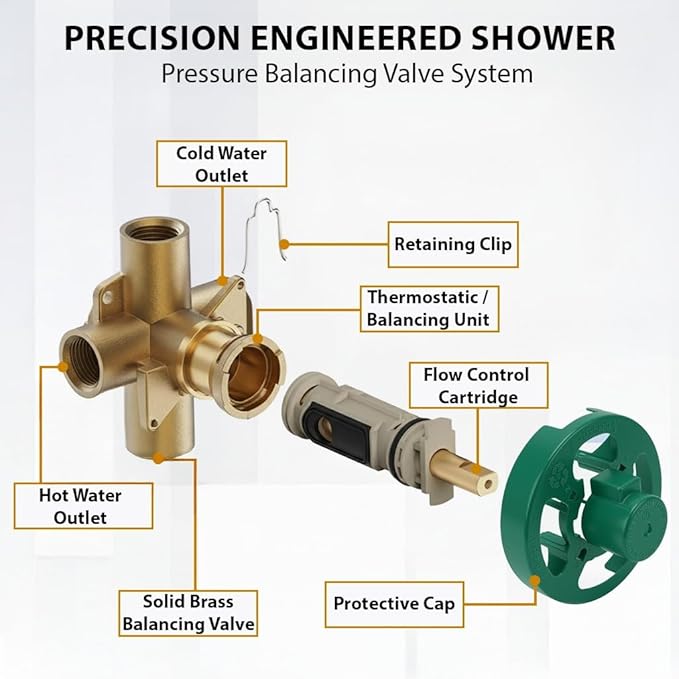 Brass Pressure Balancing Shower Valves, Shower Control Valves with Temperature Control & Flow Control Cartridge for Smooth Flow & Steady Temperature Showers