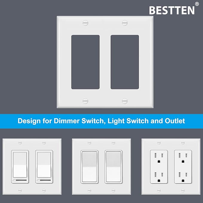 [2 Pack] BESTTEN 2-Gang Decorator Wall Plate, Standard Size, H4.53” x W4.57”, Unbreakable Polycarbonate Outlet and Switch Cover, UL Listed, White
