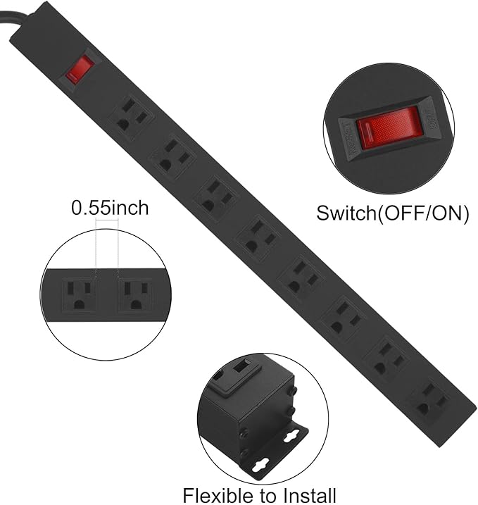 2Pack Metal 8 Outlet Mountable Power Strip, Wall Mount Outlet Heavy Duty, Wide Spaced Commercial Shop Power Strip with Switch, 10 FT SJT 14AWG Power Cord.