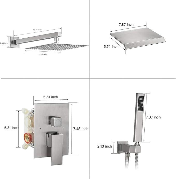 BWE 12 Inch Shower System Brushed Nickel with Waterfall Tub Spout Complete Set Square Luxury Rain Shower Faucet Set Pressure Balancing 3-Function Wall Mount Rough-in Valve Body and Trim Included