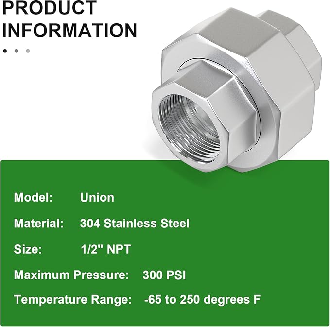 TAISHER 2PCS 304 Stainless Steel Union，1/2" NPT Female Cast Pipe Fitting