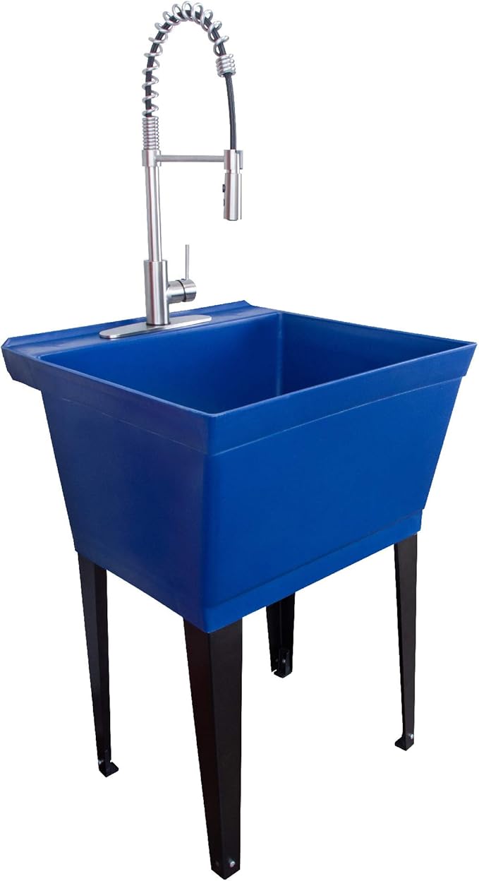 Utility Sink Extra-Deep Laundry Tub in Blue with High-Arc Stainless Steel Coil Pull-Down Sprayer Faucet, Integrated Supply Lines, P-Trap Kit, Heavy Duty Floor Mounted Freestanding Wash Station