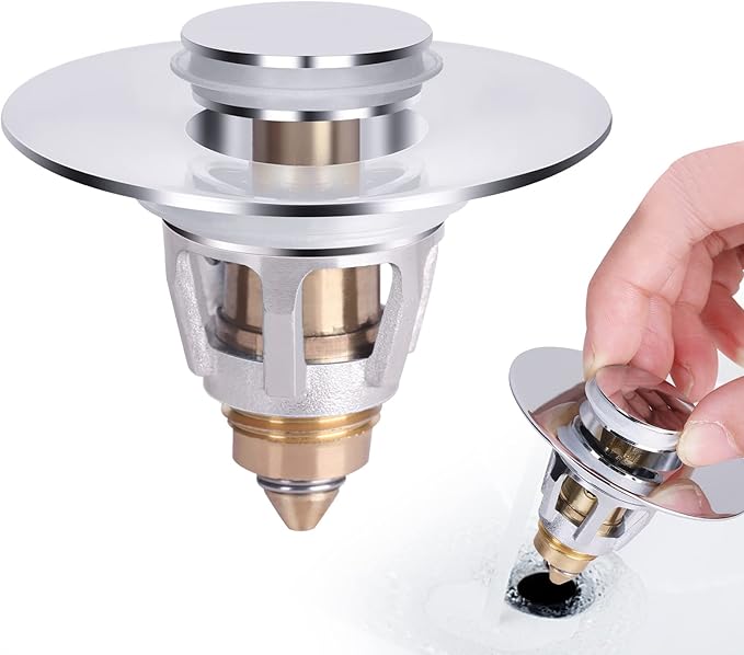 U.S. Standard Bathroom Sink Stopper 1.1"-1.5", Stainless Steel Universal Pop Up Drain Stopper for Bathroom Sink, Universal Drain Filter Drain Plug with Spring Core Push Type Converte