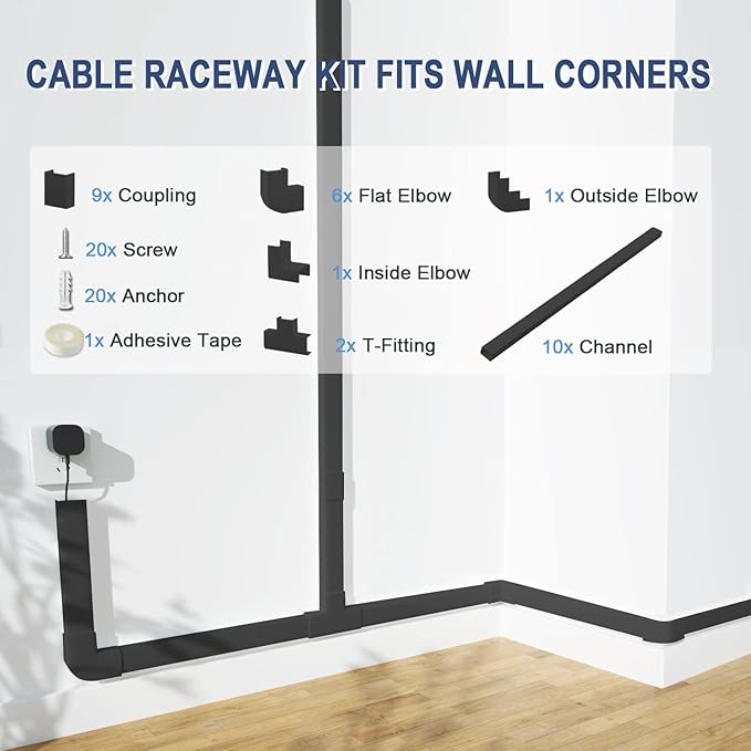 Cord Cover Raceway Kit - 157" Cable Concealer, Wire Hider for TV Wall Mounting and Wire Management, Black