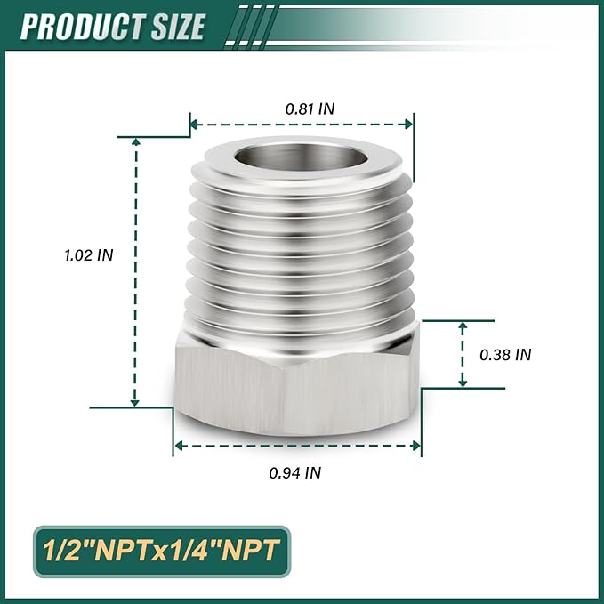 5PCS 304 Stainless Steel Reducer Hex Bushing, 1/2" NPT Male x 1/4" NPT Female, Reducing Pipe Adapter Fitting, for Air/Fuel/Water/Gas/Oil