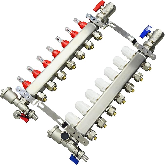 7 Branch PEX Radiant Floor Heating Manifold Set Floor Heating Water Distributor 1/2" Pipe Adapter 307 Stainless Steel and Brass, for Heating Systems
