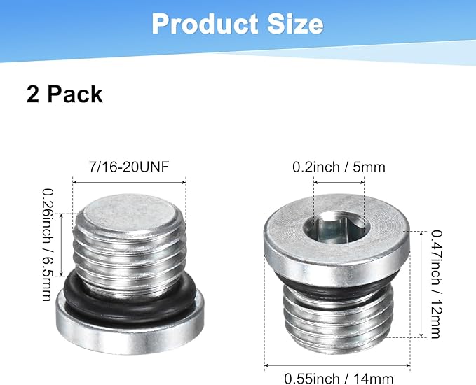 6-Pack 7/16-20UNF Inner Hex Head Pipe Fitting Plug, Carbon Steel Sensor Socket Plug with Seal O-Ring for Terminate Pipe Ends/High Pressure Washer, Sealing Screw