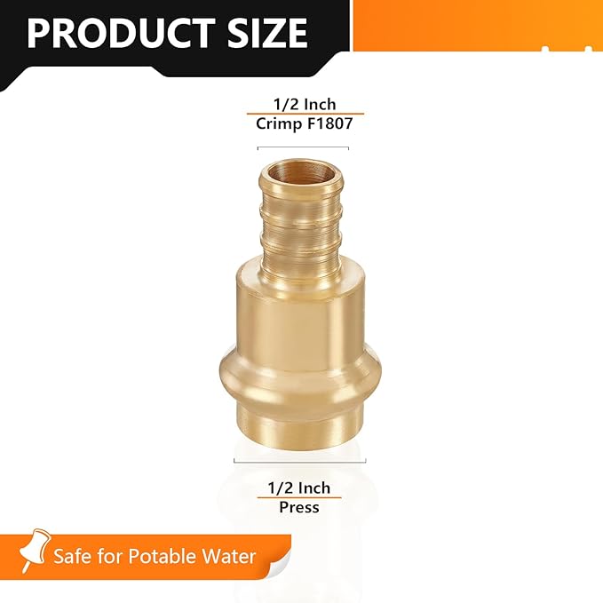 30-Pack HeSun Copper Press Fitting Adapter,1/2" PRESS X 1/2" PEX F1807 Crimp Coupling, LF Brass(PEX1807344-30)