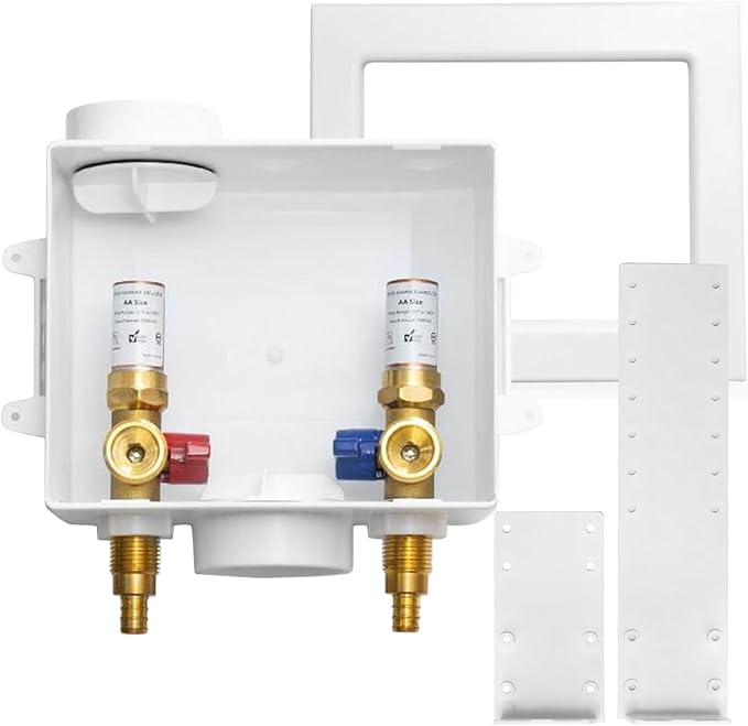 Washing Machine Outlet Box, Center Drain/Side Drain, 1/2 Inch Pex Crimp Inlet x 3/4 Inch MHT Outlet Connection, Laundry Washer Valve Outlet Box, with Copper Water Hammer Arrestor(WM012)