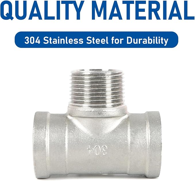 Kodilin Pipe Fittings 304 Stainless Steel Tee Pipe Fittings, 3/4" NPT Female x 3/4" NPT Male x 3/4" NPT Female Pipe Fittings, Male Branch Tee - 4PCS