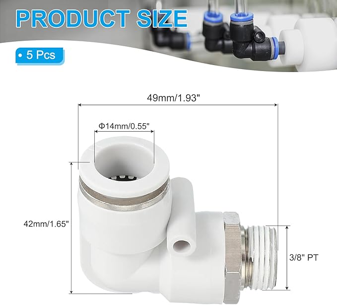 PATIKIL Push to Connect Fitting, 5 Pack Pneumatic Air Elbow Quick Connector 3/8"PT Male Thread x 14mm Tube 90 Degree Connect Tubing Elbow Air Tube Fitting Pneumatic Quick Adapter, White