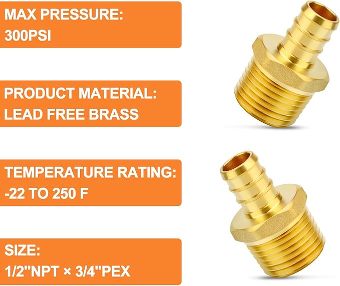 GASHER 6Pcs No Lead Brass 3/4" Pex Male Adapter, 1/2" Male NPT to 3/4" PEX Adapter for Pex Tubing