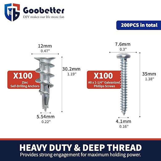 Drywall Anchors and Screws Kit, 200 Pcs Self Drilling Drywall Anchors, 100 Pcs Zinc Sheetrock Anchors and 100 Pcs #8 x 1-1/4" Metal Screws, Heavy Duty Wall Anchors, 75 Lbs Hanging Mounting