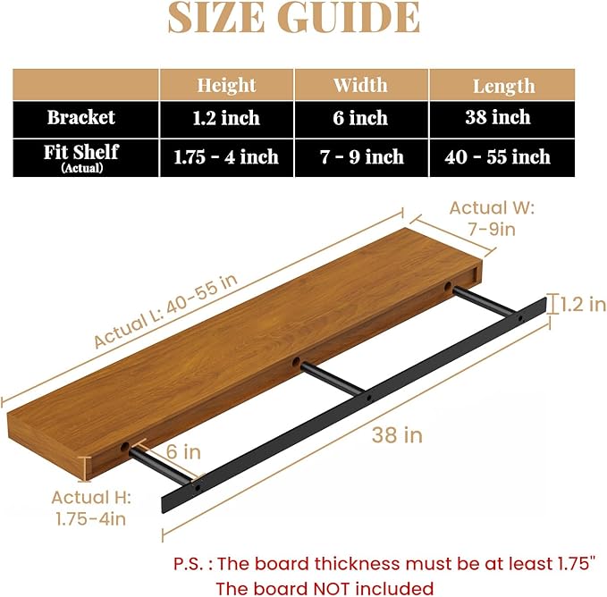 Floating Shelf Bracket Heavy Duty Shelving Brackets,Decorative Floating Shelf Hardware Black,Hidden Metal Shelf Support Bracket(38X6X1.2-Metal Jig)