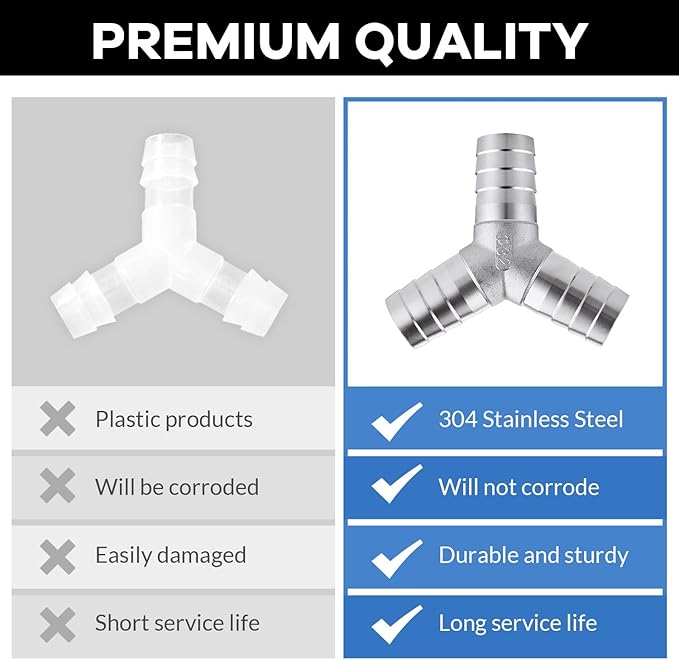 304 Stainless Steel 5/8" Barb x 5/8" Barb 3 Way Tee Y Shape Joint Splicer Mender Fitting Union for Water, Fuel, Air - 2PCS