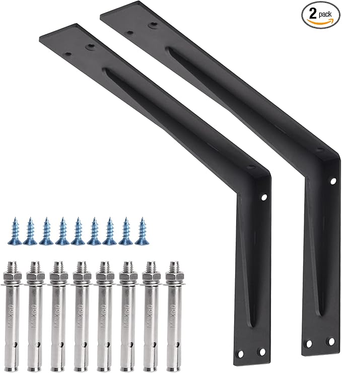 YUMORE Countertop Support Bracket Heavy Duty 16x10x2 in, 1/5IN Thicken Solid L Brackets Countertop Bar Shelf Bracket, Includes Hardware, Matte Black, 2 Pack