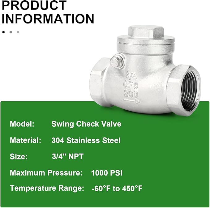 TAISHER 1PCS 304 Stainless Steel 3/4" NPT Female Swing Check Valve，Backflow Prevention, One Way Check Valve CF8 WOG 1000