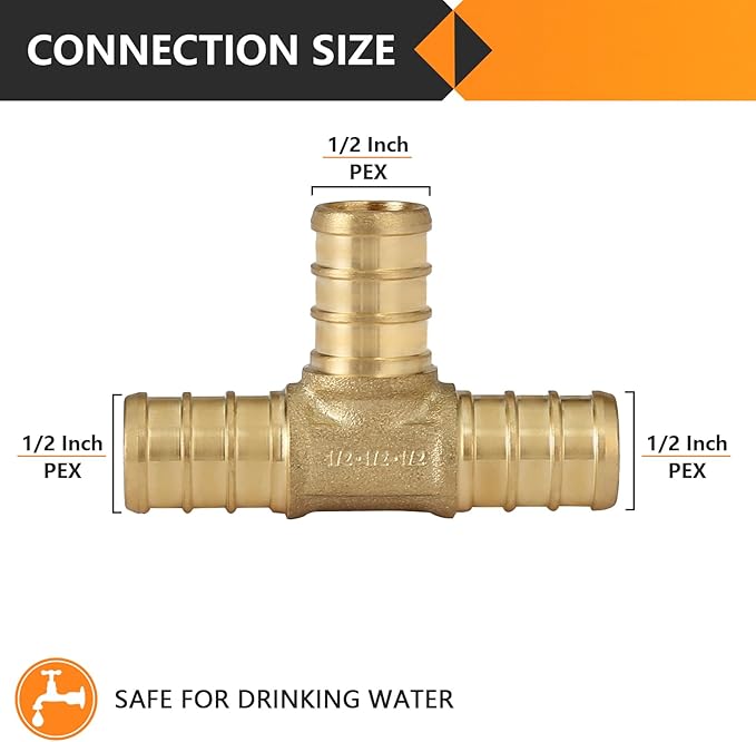 HeSun 30-Pack PEX Fittings, 1/2"x1/2"x1/2" Pex Tee, Brass Crimp Fitting for Pex Pipes, ASTM F1807