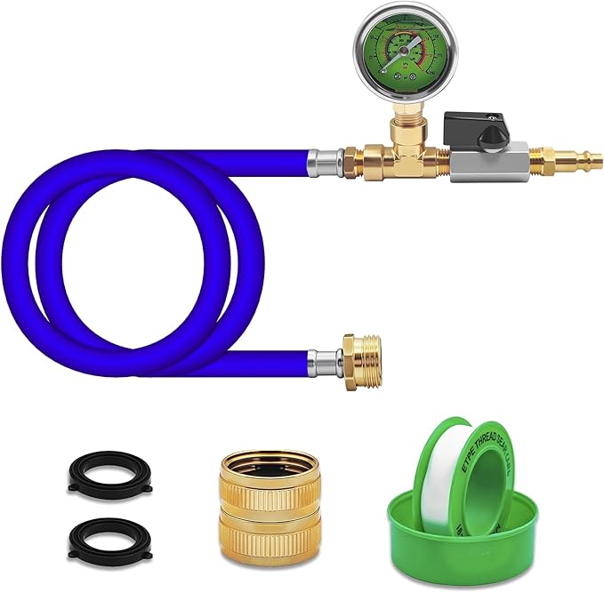 RV Winterizing Kit with Pressure Gauge, 60inch RV Winterize Hose with 3/4" GHT Blow Out Fitting Adaptor & 1/4" Quick Connect Plug, Sprinkler Winterization Kit for Camper, Boat, Travel Trailer, Blue