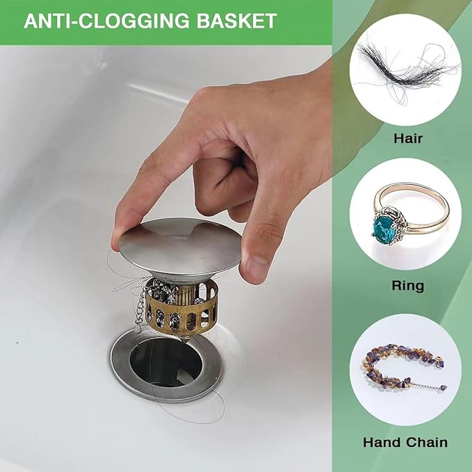 Brushed Nickel Stainless Steel Pop up Drain for Bathroom Sink with Detachable Basket Bathroom Sink Drain with Overflow Sink Drain Strainer